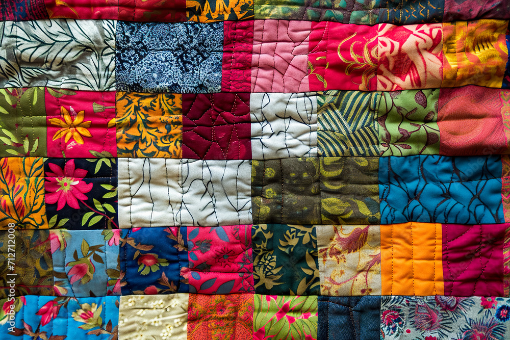 Poster quilt with patches of various fabrics and patterns