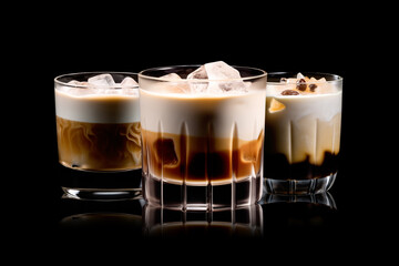 Set of White Russian cocktail featuring layers of cream, coffee liqueur and vodka