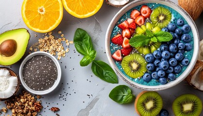Colorful superfood smoothie bowl with fresh fruits, nutritious toppings, and copy space, top view