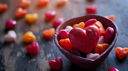 A heart-shaped bowl filled with sweet strawberry candy, a delicious and natural superfood accessory for any confectionery lover