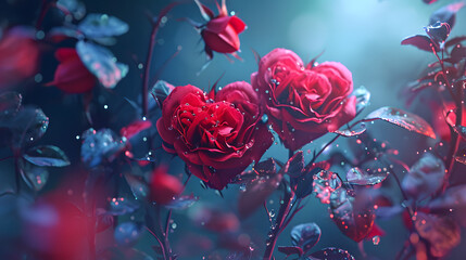 Vibrant red roses glisten with dew, showcasing their beauty and resilience in the midst of a peaceful garden