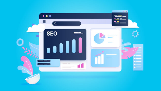 SEO analytics - Computer screen with search engine optimisation chart, graphs and diagrams showing growth and positive results. Semi flat design vector illustration with blue background