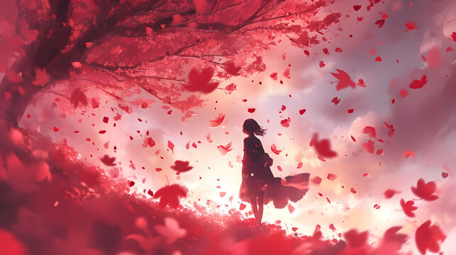 A crimson-hued painting of an anime-inspired woman standing under a tree as blood-red leaves fall around her, evoking a sense of beauty, melancholy, and artistic expression