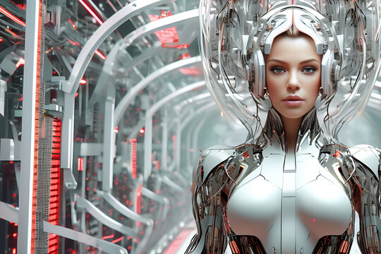cyber person with technology, woman connected to the virtual digital world, she is plugged into the mainframe, artificial intelligence concept