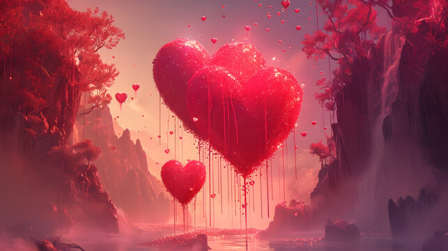 A vibrant art installation of red heart-shaped balloons floats among the serene outdoor landscape of lush trees and flowing water, evoking a sense of love, nature, and whimsy