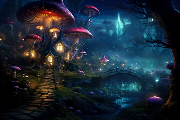 magical forest with glowing mushrooms and hidden fairy houses