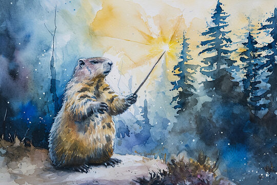 magical watercolor painting of a groundhog holding a wand