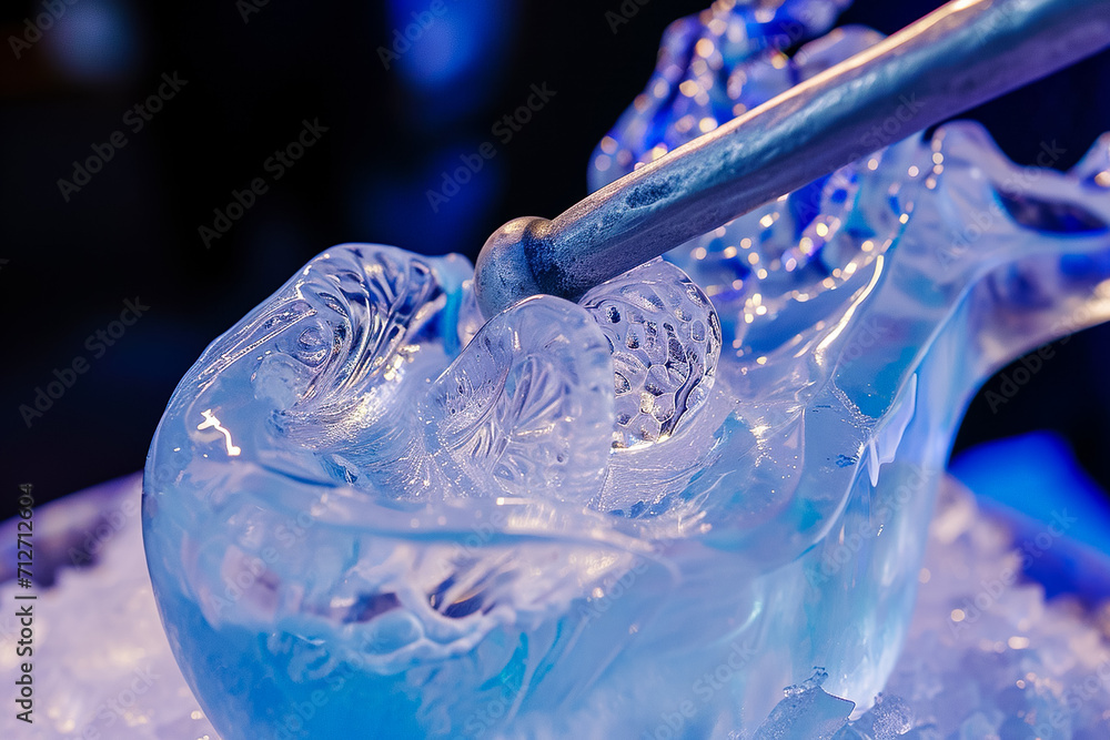Poster ice sculpture with a shape and a chisel