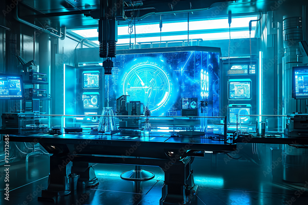 Poster futuristic laboratory with holographic displays and advanced robotics