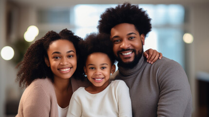 Happy black family on blurred background of living room - obrazy, fototapety, plakaty