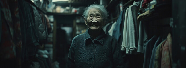 an elderly woman smiling in a dark aisle