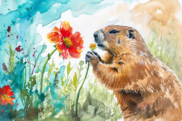 enchanting watercolor illustration of a groundhog holding a flower, with a beautiful garden in the background. - obrazy, fototapety, plakaty