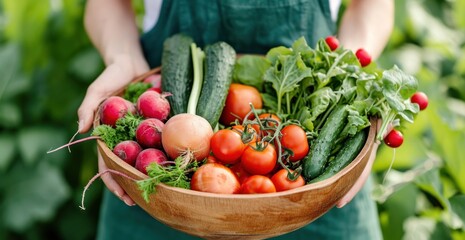 Fototapeta premium a woman has a wooden bowl filled up with fresh vegetables