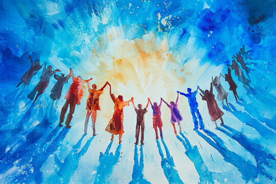 fantastic watercolor illustration of a group of people holding hands in a circle, with a beautiful blue sky in the background