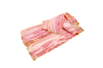 Smoked bacon. Streaky brisket slices, isolated on white background.
