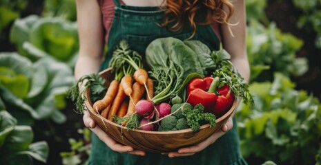 a woman has a wooden bowl filled up with fresh vegetables - obrazy, fototapety, plakaty