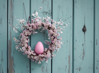 an easter egg in a white wreath hanging, on a wooden door