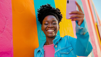 Happy young black woman in stylish casual clothes and taking selfie with smartphone against bold color building wall with graffiti background