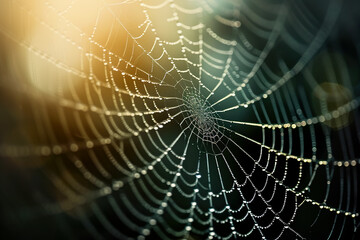 close-up of a spider web with dew and light