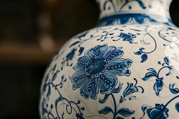 blue and white floral pattern on a ceramic vase