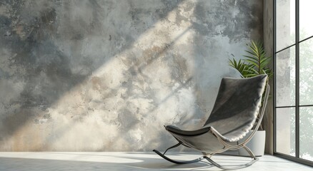 a contemporary style grey rocking chair placed against a painted concrete wall