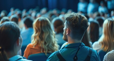 an audience of people is sitting at a conference - obrazy, fototapety, plakaty
