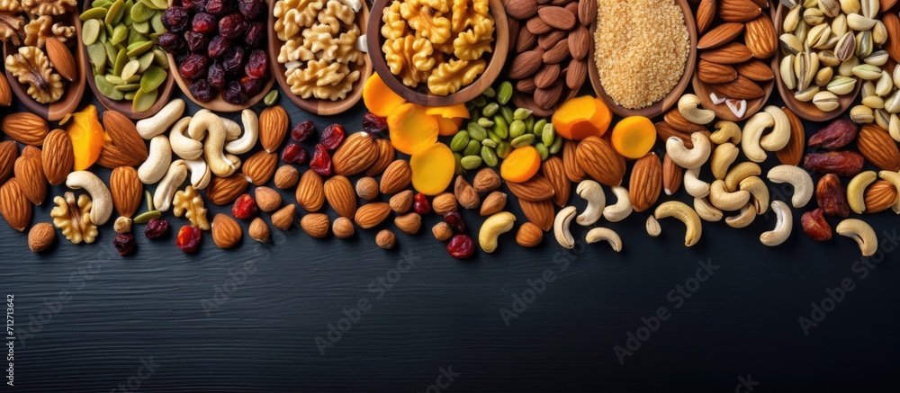 Poster mix of nuts and dried fruits with various types of nuts top view
