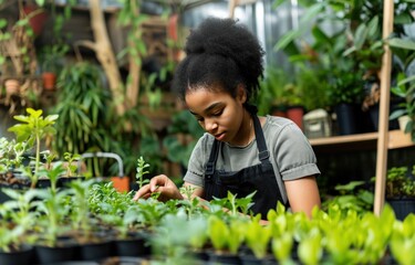 a young girl in a black apron is working on plants in her greenhouse
