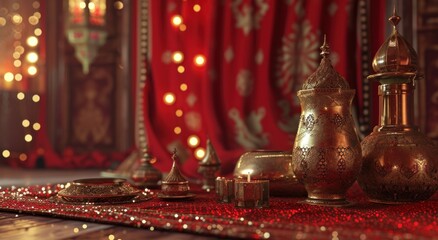 a red background with a group of islamic items