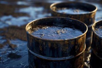 3d illustration of barrels with crude oil