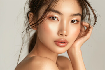 Naklejka premium Beauty asian woman portrait. Beautiful spa model girl with perfect fresh clean skin. Youth and skin care concept. Beige background. Nude makeup.