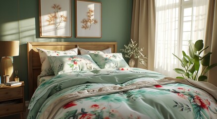 a green and white striped bedroom with a headboard