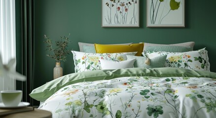 a green and white striped bedroom with a headboard