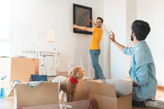 Gay couple decorating new apartment and putting up a framed piece of art on the wall in new home with their dog. Man in causal clothes hanging a painting on a wall.
