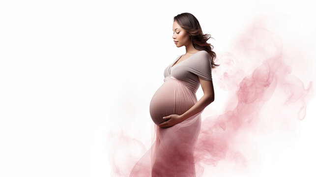 Illustration femme m&eacute;tisse enceinte debout sur fond blanc, image avec espace pour texte