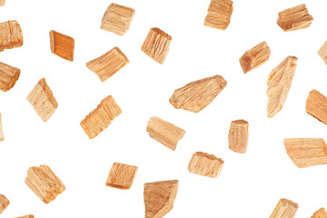 Top view of a group of wooden chips isolated on a white background. Set of wooden chips. Pine or...