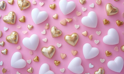 a pink background filled with golden and white coloured hearts
