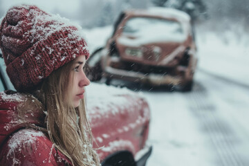 Car accident in winter. Danger of riding in the winter. Frozen woman waiting for roadside assistance service after accident on snowy slippery road