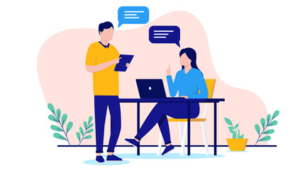 Work talk - Man and woman in office talking and having conversation together about work using devices and laptop with speech bubble. Flat design vector illustration with white background