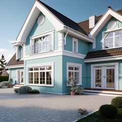 3D rendering of a beautiful turquoise two-story house with a garden