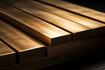 A several leaded bronze rectangular bars and plates on a dark wooden surface, ideal photo for metal warehouse, manufacturing, industrial or heavy industry, soft lighting with bronzed hue