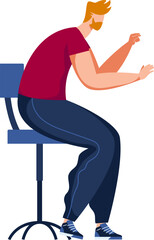 Young man sitting on a high stool checking his phone. Casual modern lifestyle with mobile technology vector illustration.