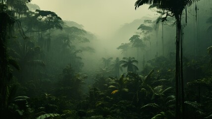 A mysterious fog settling among the jungle trees, adding an air of enchantment to the scene -Generative Ai
 - obrazy, fototapety, plakaty