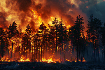 Forest fire with trees on fire