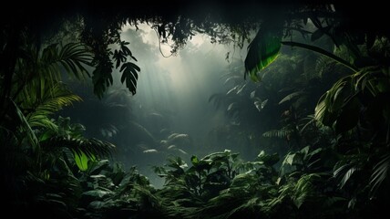 A mysterious fog settling among the jungle trees, adding an air of enchantment to the scene -Generative Ai
