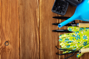 Gardening Tools and Gloves on Wooden Background
