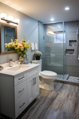 Fototapeta na wymiar Modern bathroom with white vanity, vessel sink, glass shower and gray tile floor