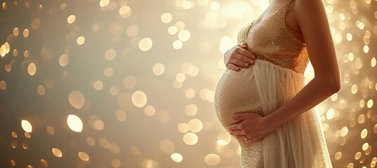 Beautiful pregnant woman on white magical bokeh background, hands lovingly resting on belly - obrazy, fototapety, plakaty