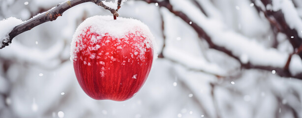 Red apple on an apple-tree covered with snow