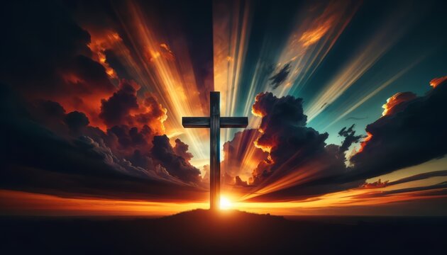 Dramatic Sunset Sky Illuminates Tall Wooden Cross Against Distant Silhouette